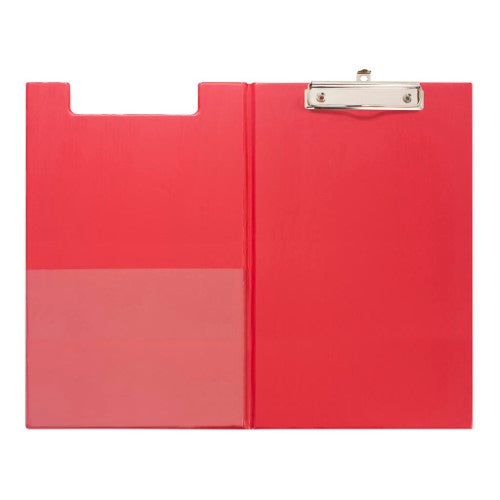 Durable red PVC clipboard with double-sided design and inner pockets for foolscap documents, perfect for professionals.