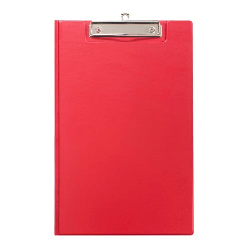 Durable red PVC clipboard with double-sided design and inner pockets for foolscap documents, ideal for on-the-go professionals.