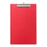 Durable red PVC clipboard with double-sided design and inner pockets for foolscap documents, ideal for on-the-go professionals.
