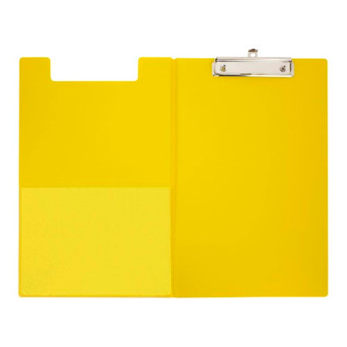 Durable yellow PVC clipboard with double-sided design, inside pocket, and strong clip for secure document storage.