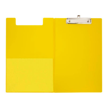Durable yellow PVC clipboard with double-sided design, inside pocket, and strong clip for secure document storage.