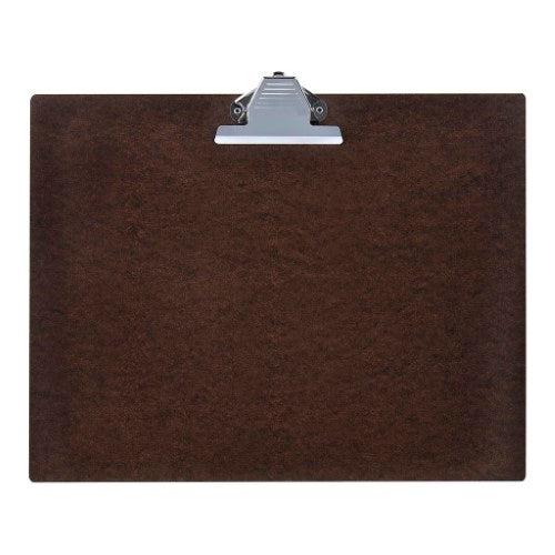 Dark brown A3 hardboard clipboard with metal bulldog clip and wall-hanging hole. Durable writing surface.