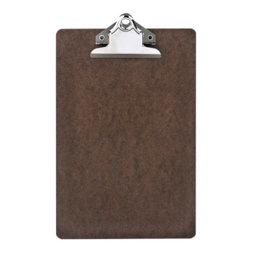 A5 dark brown hardboard clipboard with a bulldog clip for secure document holding and wall hanging convenience.
