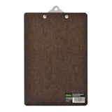 A5 dark brown hardboard clipboard with strong metal clip and wall-hanging hole for secure document storage.