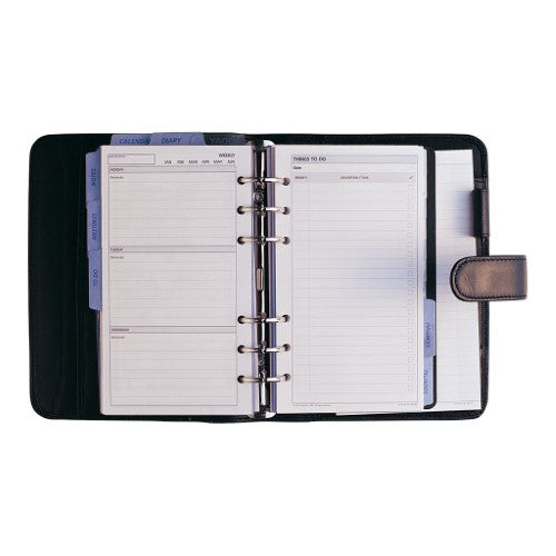 Debden Personal Dayplanner in black with snap closure, undated pages, storage pocket, and 6-ring binder for easy organization.