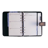 Debden Personal Dayplanner in black with snap closure, undated pages, storage pocket, and 6-ring binder for easy organization.
