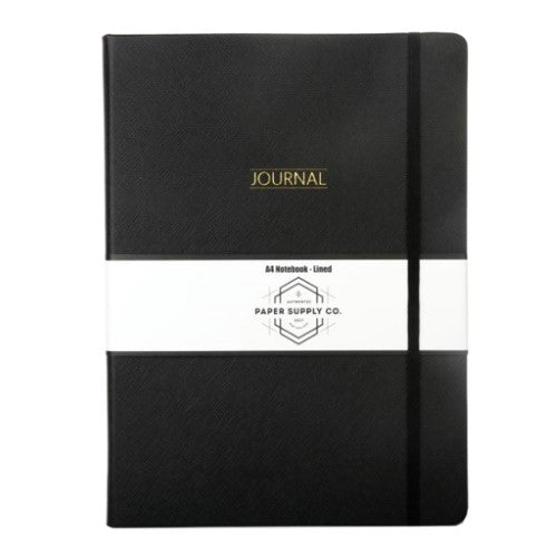 Stylish A4 black hardcover journal with gold emboss, 192 lined pages, and durable elastic closure for secure note-taking.