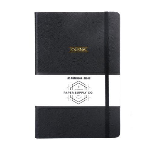 Elegant black A5 hardcover journal with gold embossing, 192 lined pages, and secure elastic closure for on-the-go writing.