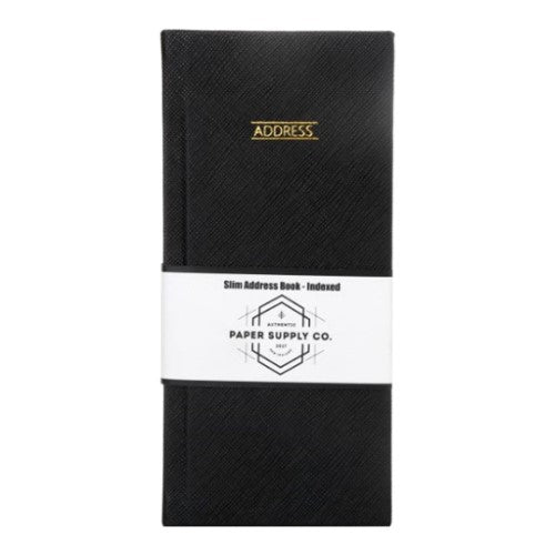 Elegant OSC Citta slimline black address book with luxurious PU cover and A-Z indexed cream pages.