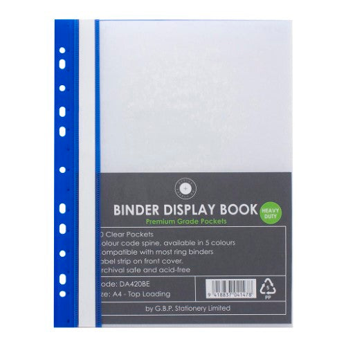 Blue A4 binder display book with 20 clear pockets and label strip for organizing documents and presentations.