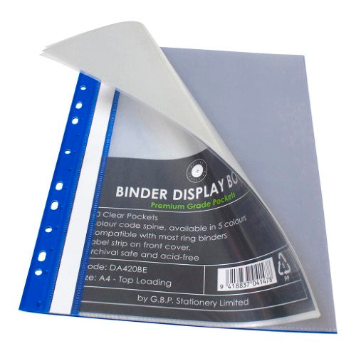 Blue A4 binder display book featuring 20 clear pockets, label strip, and a stylish design for organizing documents.