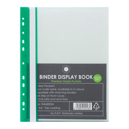 Green A4 binder display book with 20 clear pockets and label strip for organized document storage.