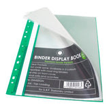Green A4 binder display book with 20 clear top-loading pockets for organizing documents and a customizable label strip.