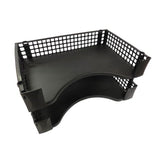 Black stackable document trays for organizing A4 papers, featuring easy assembly and space-saving design. Pack of 2.