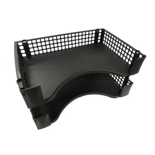Black stackable document trays for organizing A4 papers, featuring easy assembly and space-saving design. Pack of 2.