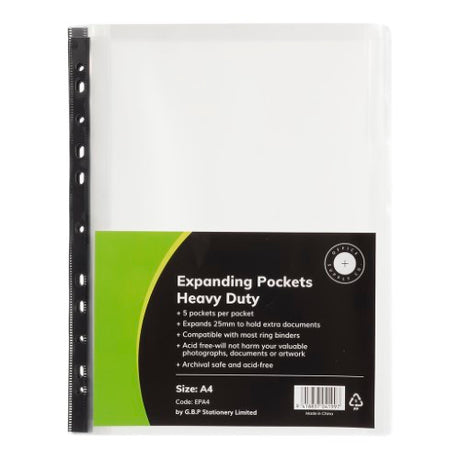 Pack of 5 heavy-duty A4 expanding pockets, crystal-clear, 180 microns, expands to 25mm for document organization.