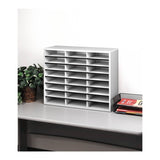 24-compartment literature sorter for A4 documents, sturdy design with labeling areas for organized office storage.