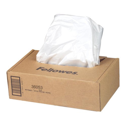 Pack of 100 Fellowes shredder waste bags for SOHO shredders, designed for easy sealing and tidy disposal of shredded documents.