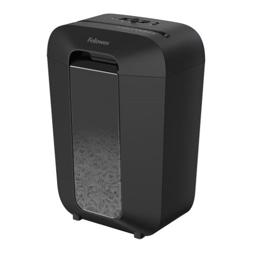 Fellowes Powershred LX70 Cross Cut Shredder shreds 11 sheets into P-4 particles, with safety lock and energy-saving features.