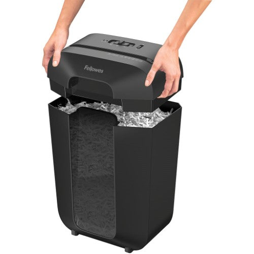 Fellowes Powershred LX70 shreds 11 sheets at a time into 4x40mm particles, featuring a safety lock and energy savings system.