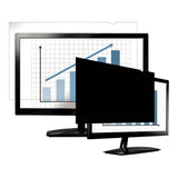 Fellowes PrivaScreen 19 Inch privacy filter darkens screen at side angles for confidential viewing in public spaces.