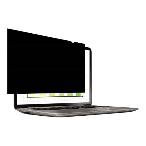 Fellowes PrivaScreen 15.4-inch privacy filter blocks side views, ensuring discreet screen visibility in public spaces.