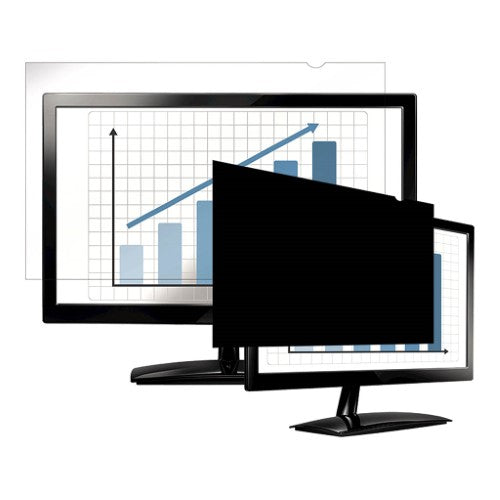 Fellowes PrivaScreen 23 Inch Privacy Filter blocks side views for secure data protection and reduces glare for comfort.