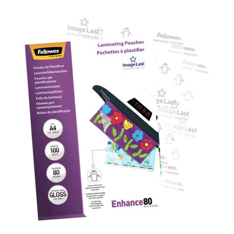 Fellowes A4 gloss laminating pouches, 80 microns, pack of 100, ideal for protecting documents like photos and certificates.