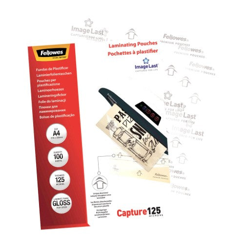 Fellowes A4 laminating pouches, 125 microns, glossy finish, pack of 100 for durable document protection.