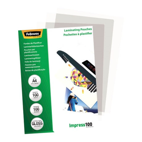 Fellowes A4 gloss laminating pouches, 100 micron thickness, pack of 100 for durable document protection.