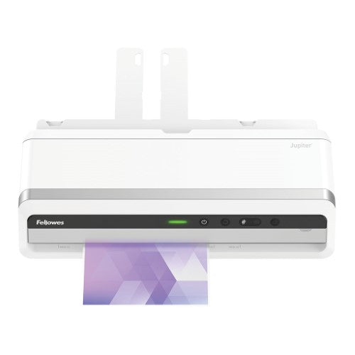 Fellowes Jupiter LX A3 Laminator, efficient for A3 documents, 140cm/min speed, auto-sense for pouch thickness, 10 pouches included.