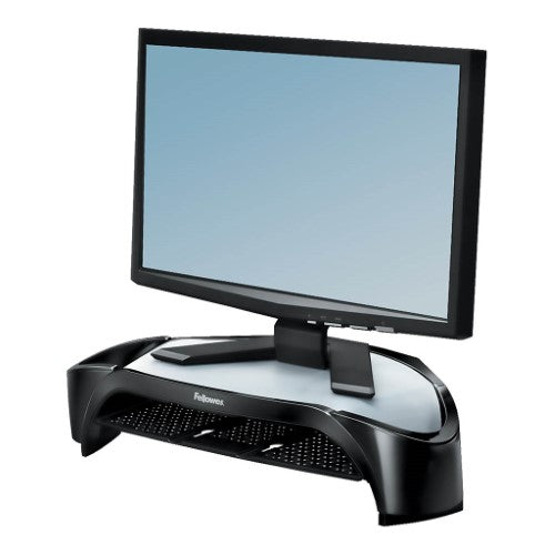 Ergonomic monitor riser elevates screens, features storage tray, adjusts height, supports monitors up to 21 inches, 10kg max.