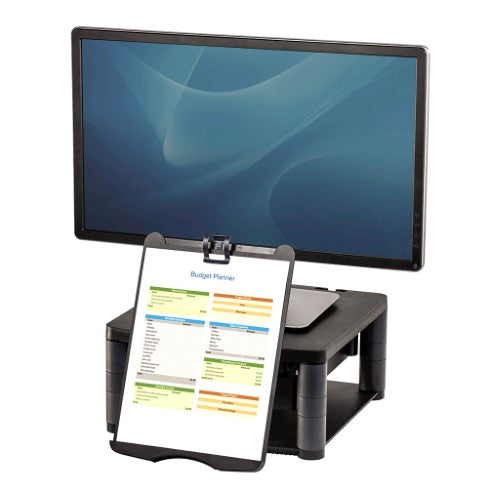 Fellowes Premium Monitor Riser Plus elevates monitors for ergonomic viewing, features 5 height settings, storage drawer, and copy holder.