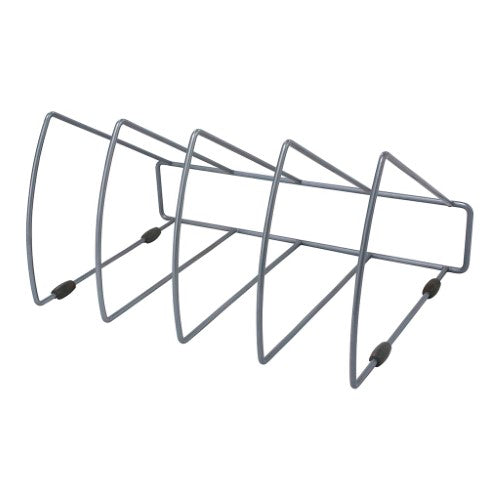 Metal triangular file rack with 4 slots for organized storage of files, folders, and magazines, features rubber feet for protection.
