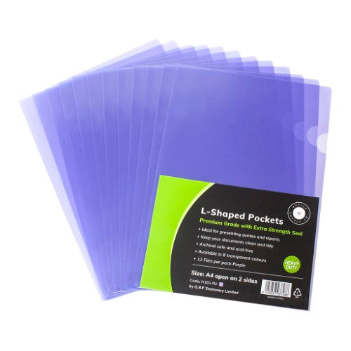 Purple A4 L-shaped pockets pack of 12, made of heavy-duty polypropylene for document protection and organization.