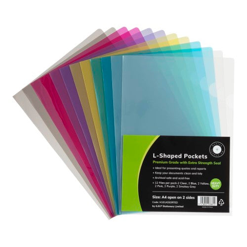 OSC L Shaped Pockets A4 Assorted Colours, Pack of 12