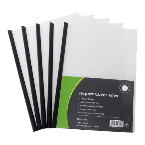 Clear A4 report covers with black spines, pack of 5, for professional document presentation and organization.