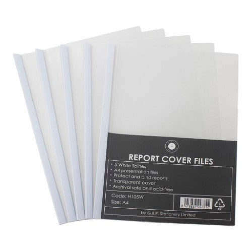 Clear A4 report covers with white spine, pack of 5, holds up to 50 sheets, made from durable, recyclable polypropylene.