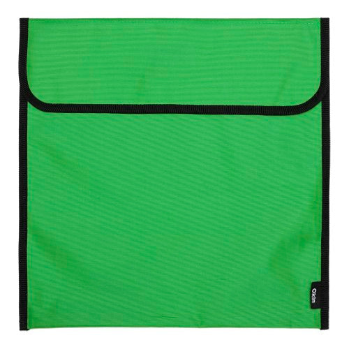 Durable green homework bag, 36x33cm, featuring secure fastener for organizing school supplies and books.