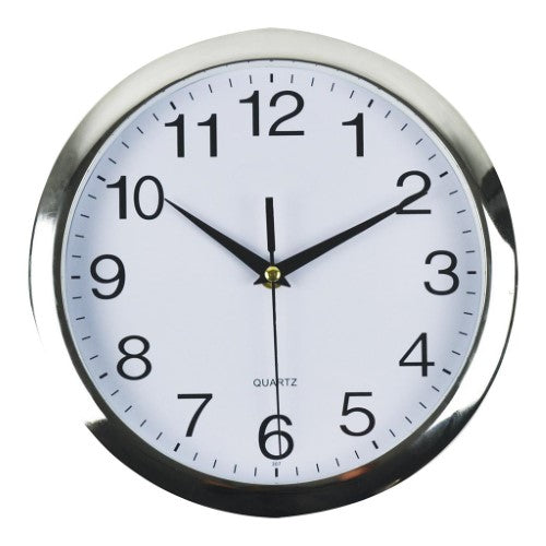Italplast wall clock with white frame and chrome accents, 260mm diameter, battery-operated, modern design.