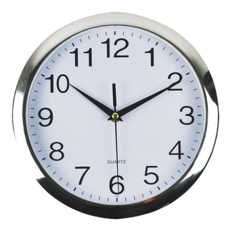 Italplast wall clock with white frame and chrome accents, 260mm diameter, battery-operated, modern design.