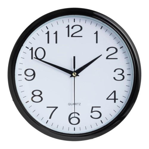 Italplast 300mm black and white wall clock features a stylish design with clear readability, perfect for home or office decor.