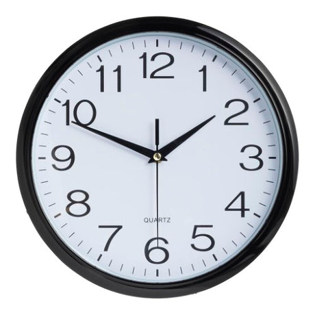 Italplast 300mm black and white wall clock features a stylish design with clear readability, perfect for home or office decor.