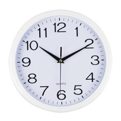 White Italplast wall clock, 300mm diameter, plastic frame, glass face, battery-operated.
