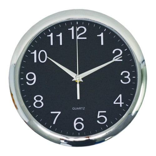 Italplast Wall Clock 300mm in chrome and black, featuring a sleek design, modern aesthetic, and battery-operated functionality.