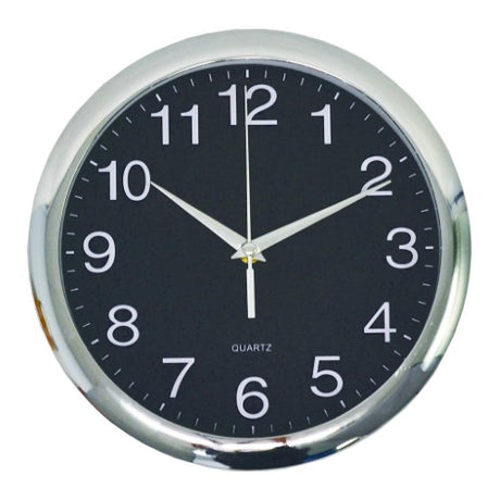 Italplast Wall Clock 300mm in chrome and black, featuring a sleek design, modern aesthetic, and battery-operated functionality.