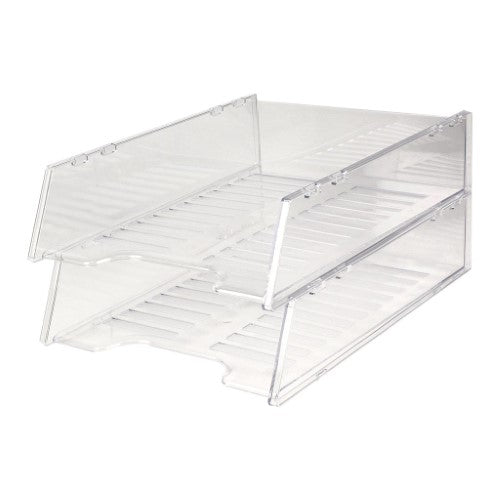 Clear Italplast A4 letter tray with sturdy design, deep volume, and stacking options for organized desk storage.