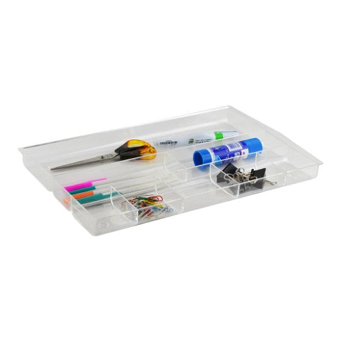 Clear desk drawer tidy with 8 compartments for organizing stationery essentials, 370mm long, made in Australia.