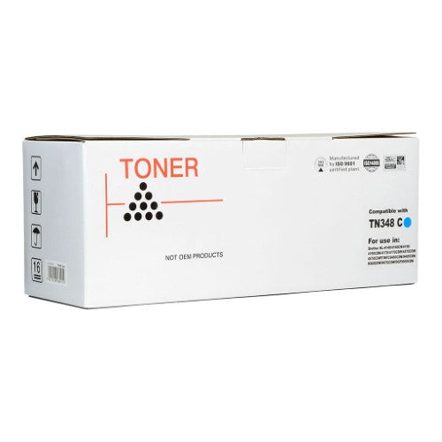 Icon Compatible Brother TN348 Cyan Toner Cartridge for vibrant prints, yields up to 6,000 pages, easy to replace.