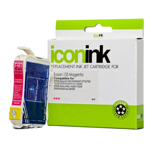 Icon Compatible Epson 133 Magenta Ink Cartridge for vibrant prints, yields up to 240 pages, compatible with several Epson models.